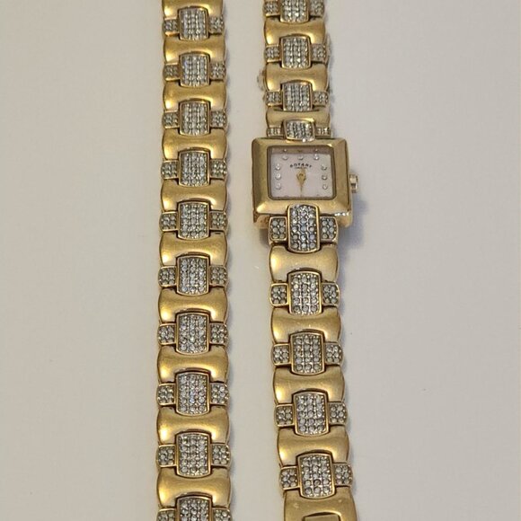 Rotary Rectangular Gold plated Watch Studded Clear Stones and Matching Bracelet - Picture 3 of 3